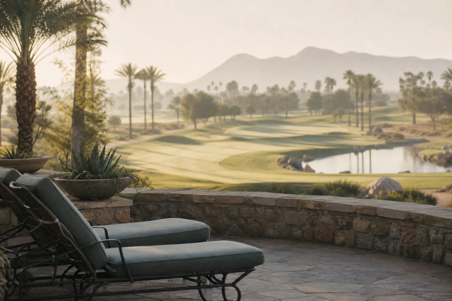 A resort terrace with lounge chairs looking over a golf course at sunrise
