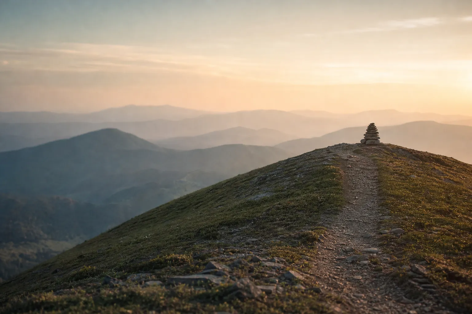 A trail climbing to a cairn on a summit at golden hour