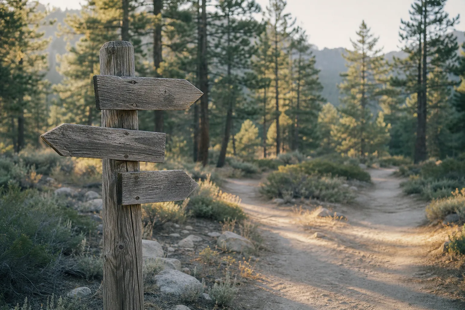 A trail junction with blank wooden signposts in a forest at morning